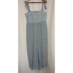 Anthropologie Smocked Cottagecore Soft girl Teacher Wide Leg Jumpsuit XL Blue